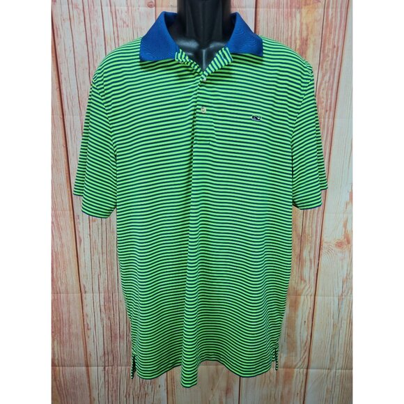 Vineyard Vines Mens Green & Blue Striped Polo Shirt Large Whale Logo - Picture 1 of 7